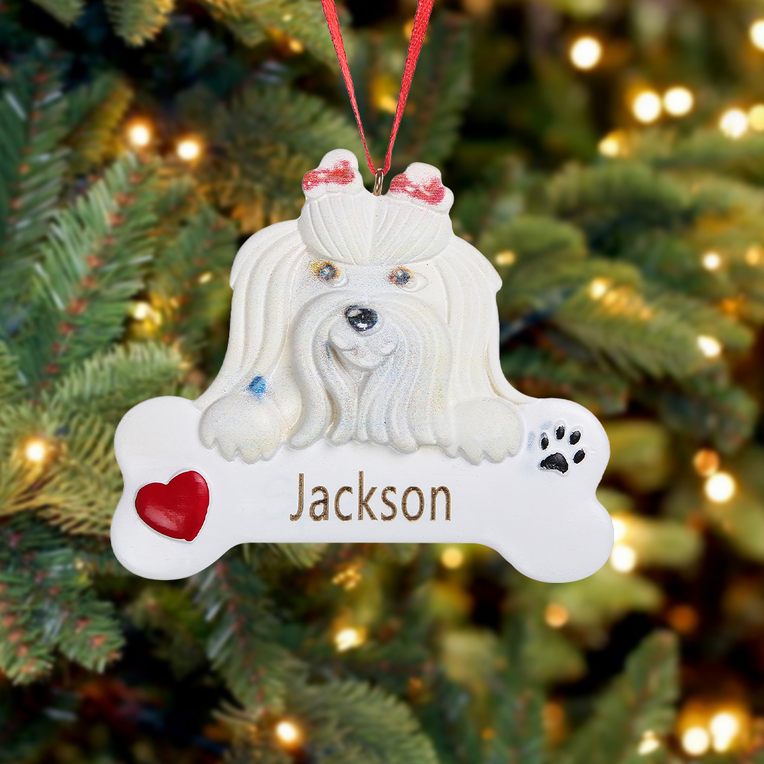 Navidad-Ornamento navideño de resina mascota perro Bichón maltés 1 nombre personalizado adorno del árbol-Jessemade ES