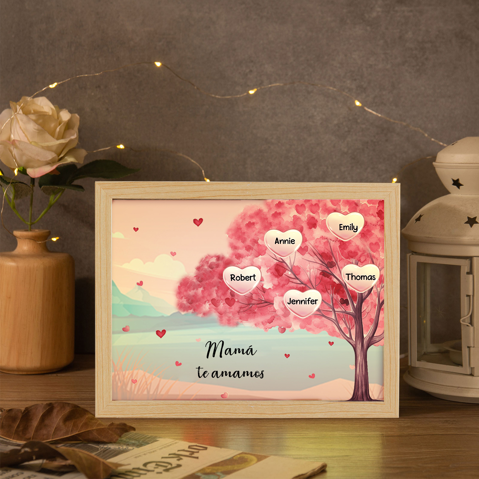 Marco con LED Árbol de la Vida 1-10 Nombres Personalizados con 1 Texto-Jessemade ES