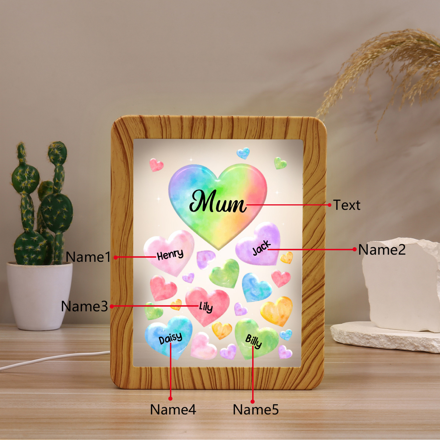 Marco/Espejo con LED Multifuncional Corazones 1-7 Nombres Personalizados con 1 Texto-Jessemade ES