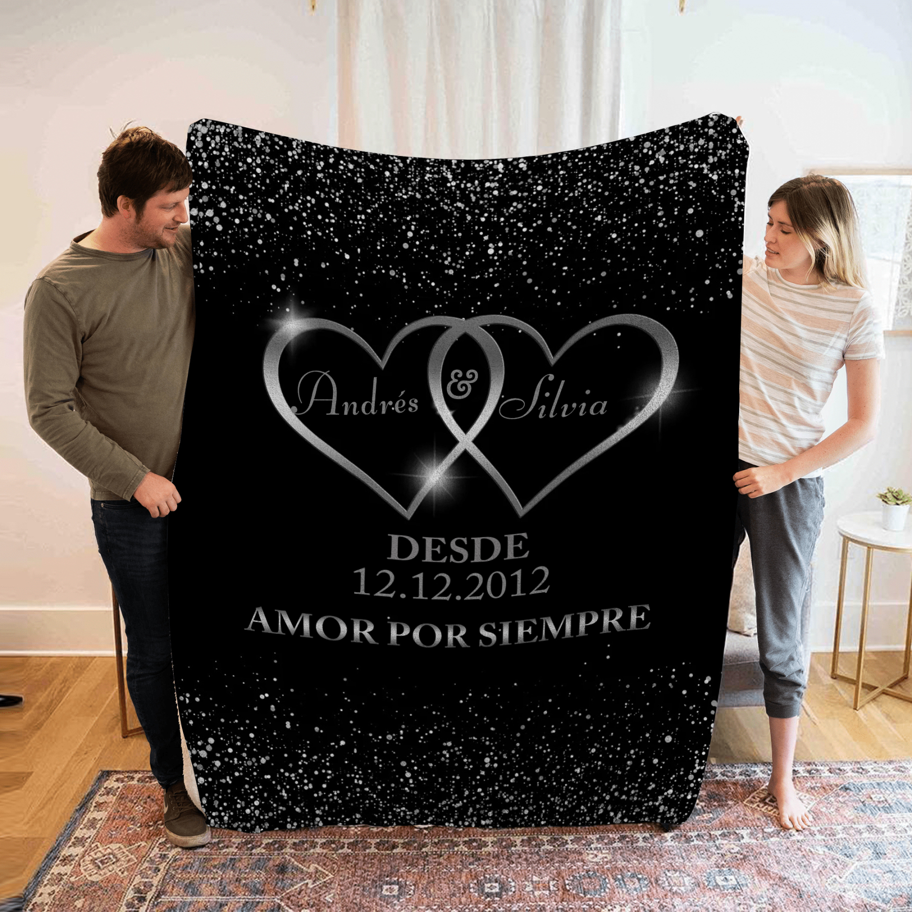 Pareja-Manta de buen calidad de corazones conectados personalizada con nombres, texto y fecha 4 colores-Jessemade ES