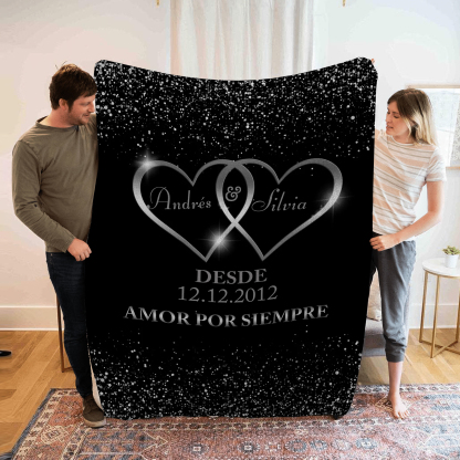 Pareja-Manta de buen calidad de corazones conectados personalizada con nombres, texto y fecha 4 colores-Jessemade ES