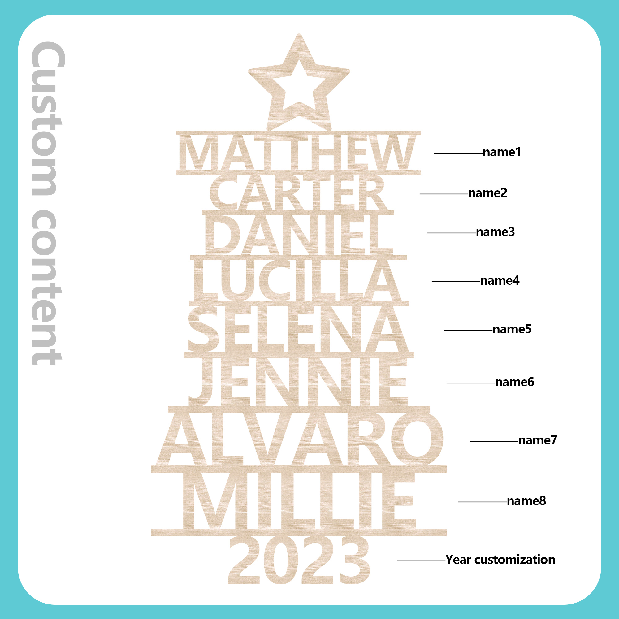 Navidad-Ornamento navideño de madera árbol de nombres con 8 nombres y año personalizados