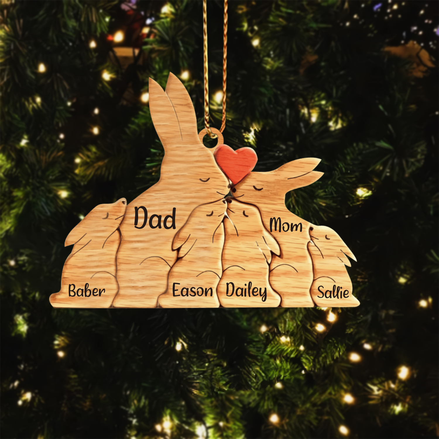 Navidad-Ornamento muñecos navideño de madera familia de conejos 6 nombres personalizados adorno del árbol-Jessemade ES
