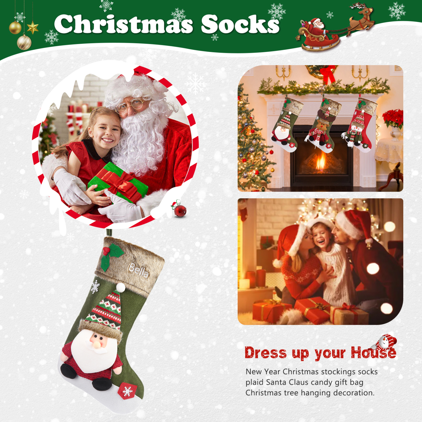 Adornos de medias navideñas con muñeco Bolsa de regalo 1 Nombre personalizado-Jessemade ES