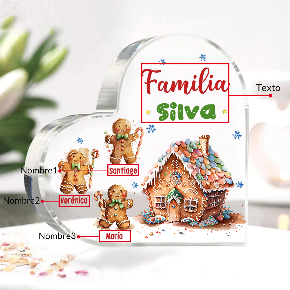 Navidad - Placa de acrílico en forma de corazón jengibres y su casa con 3 nombres y 1 texto personalizados-Jessemade ES