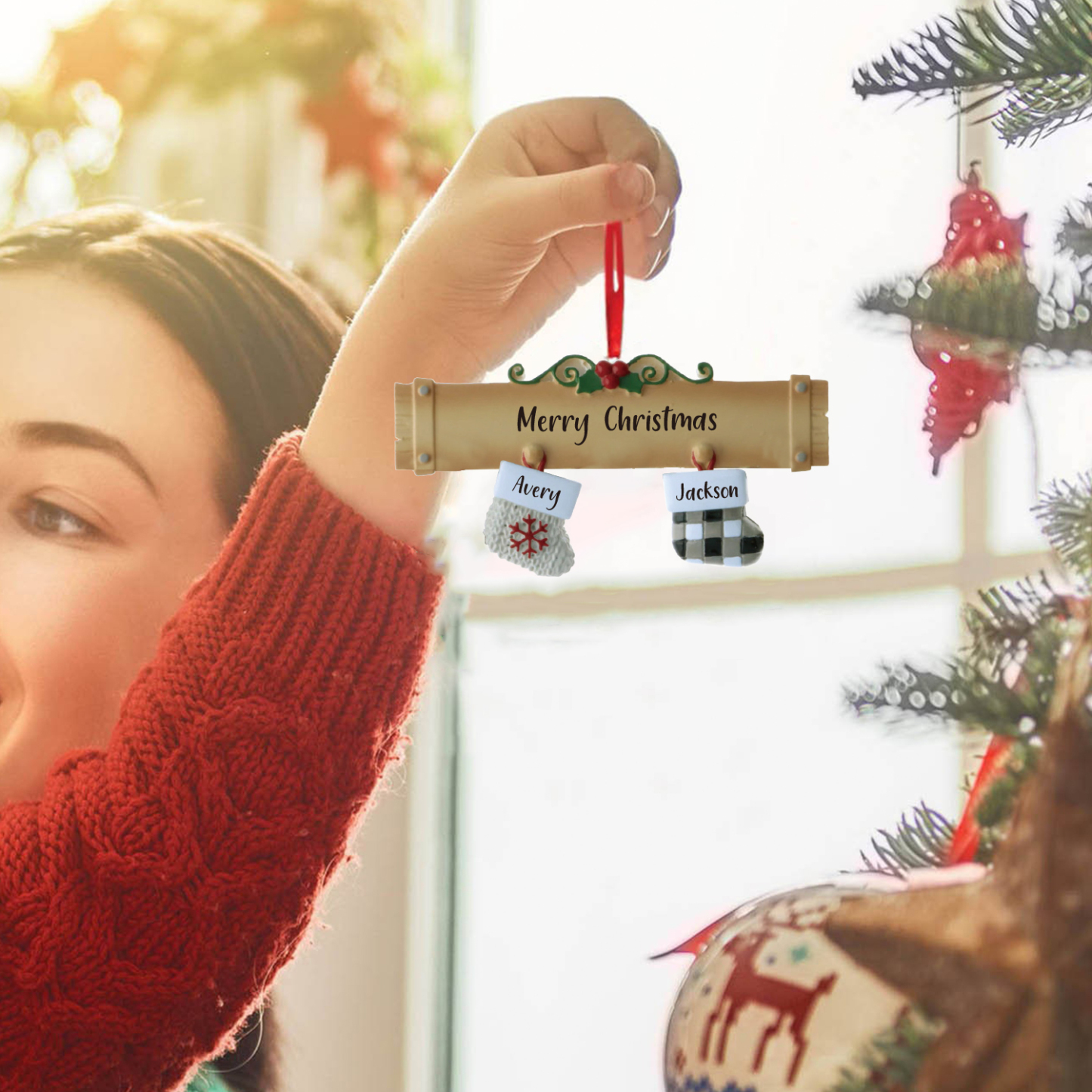 Navidad-Ornamento muñecos navideño de madera calcetines 2 nombres y 1 texto personalizados adorno del árbol-Jessemade ES