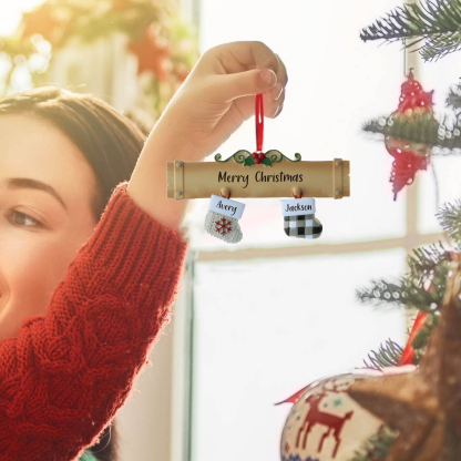 Navidad-Ornamento muñecos navideño de madera calcetines 2 nombres y 1 texto personalizados adorno del árbol-Jessemade ES