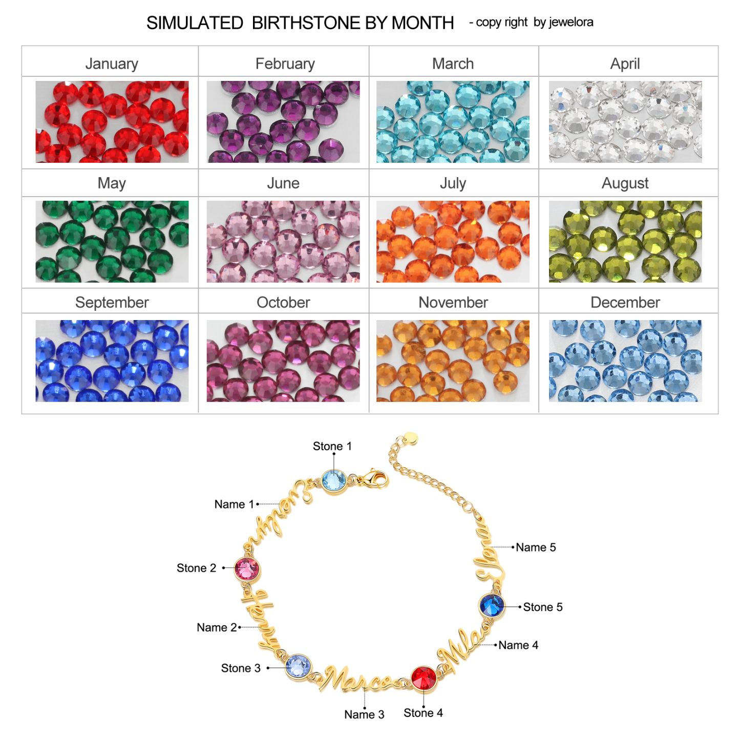 Pulsera personalizada de 1-5 nombres con 1-5 piedras de nacimiento-Jessemade ES