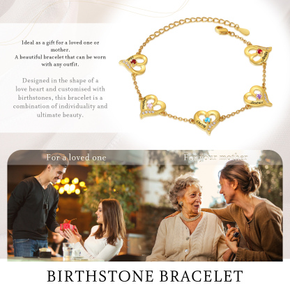 Pulsera 1-7 nombres y piedras de nacimiento personalizadas con dije de corazón-Jessemade ES