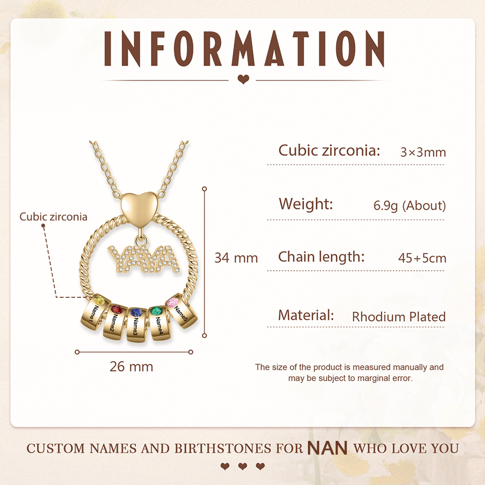 A mi abuela-Collar 1-5 nombres y piedras de nacimiento personalizados con colgante de "YAYA" color oro | Jessemade-Jessemade ES