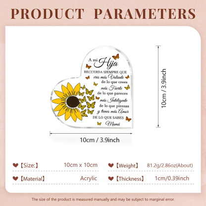 A mi hija-Placa de acrílico en forma de corazón de girasol con 1 nombre personalizado-Jessemade ES