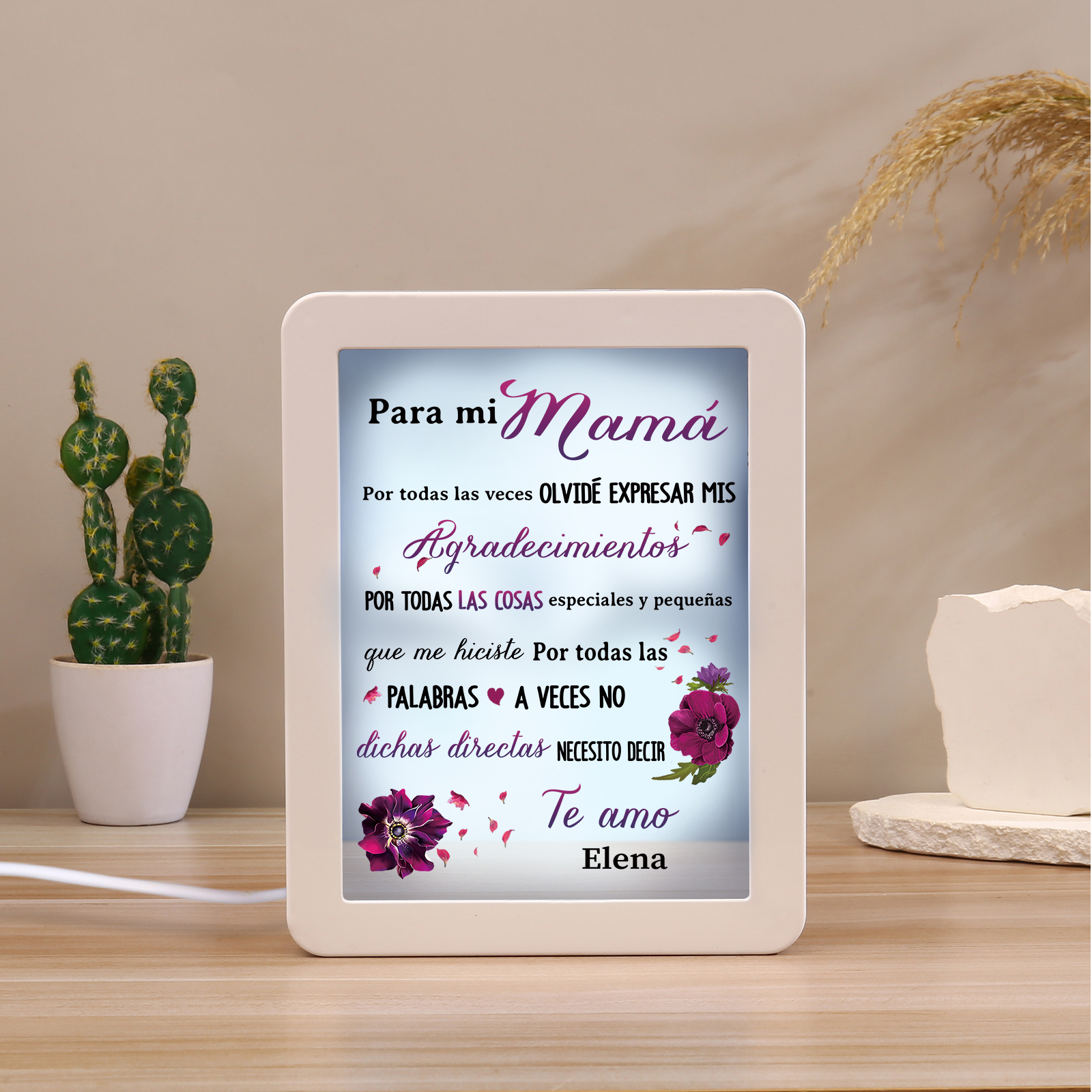 A mi mamá-Marco/Espejo con LED Multifuncional con Texto Amoroso 1 Nombre Personalizado-Jessemade ES