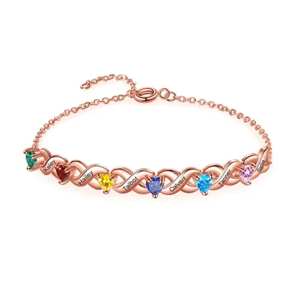 Pulsera infinito personalizada con 6 nombres y 6 piedras de nacimiento de corazón-Jessemade ES