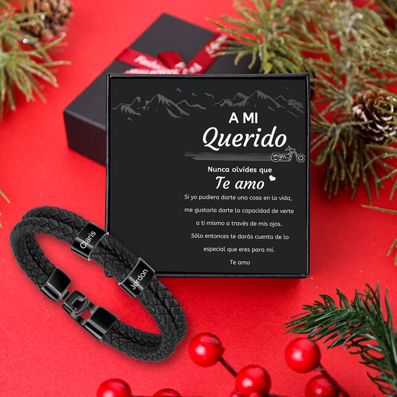 A mi querido-Pulsera de cuero trenzado 2 aros con 2 nombres personalizados pulsera de hombre -Jessemade ES