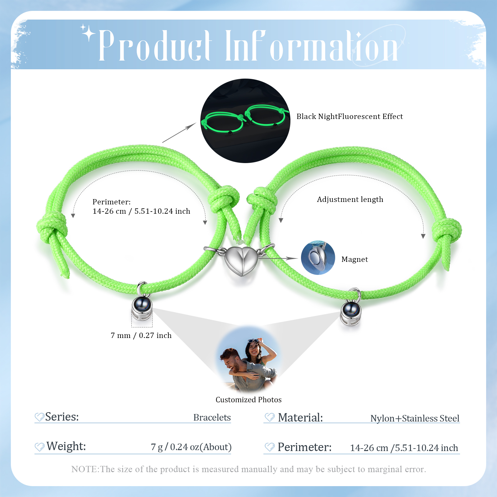 Pulsera de cuerda fluorescentepara pareja con proyección de foto con dije de corazón magnético-Jessemade ES