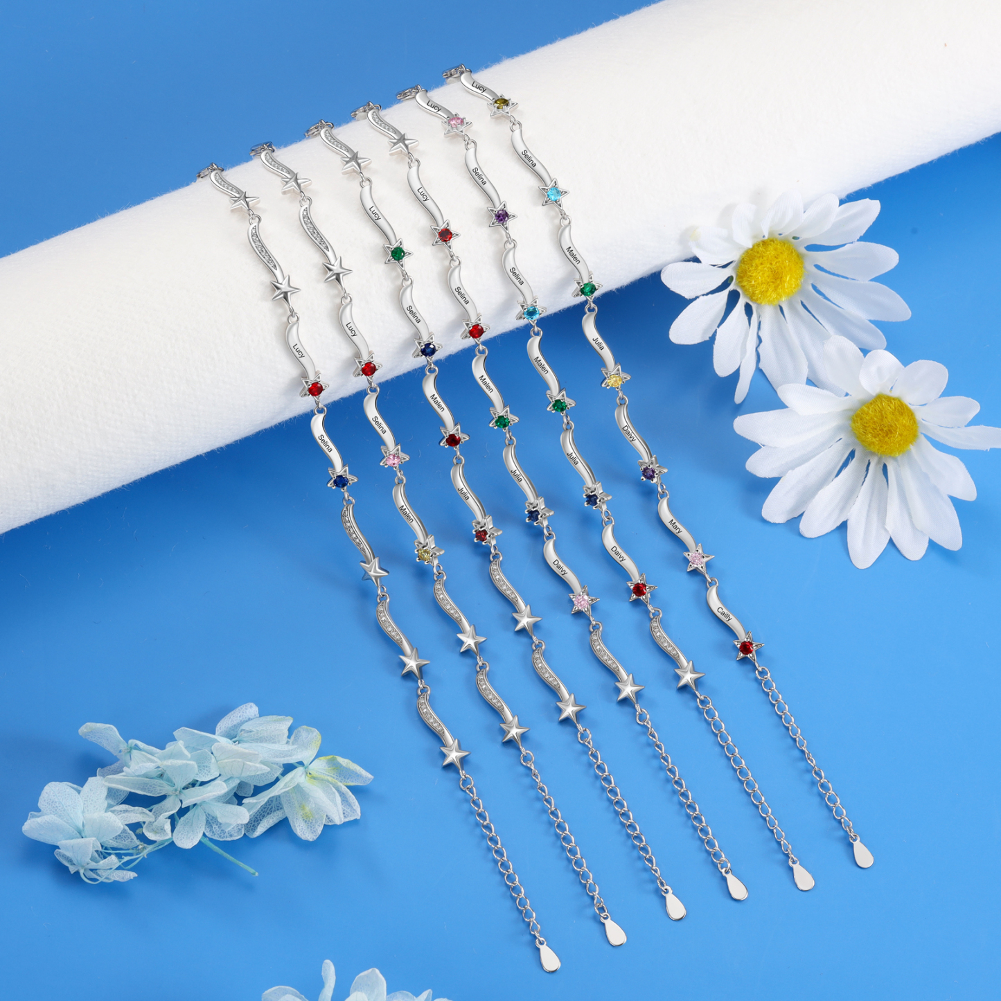 Pulsera Brazalete personalizada de 4 nombres y estrellas con 4 piedras de nacimiento-Jessemade ES