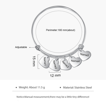 Pulsera con 5 nombres personalizados y 5 dijes de corazón-Jessemade ES