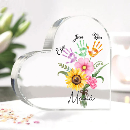 A mi mamá-Placa de acrílico en forma de corazón flor y manitas 1-5 nombres personalizados-Jessemade ES