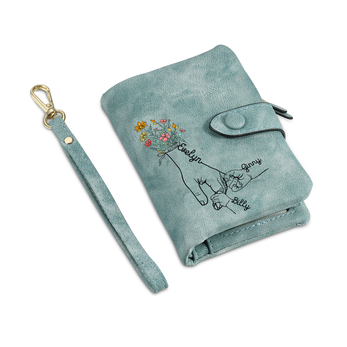 Cartera, billetera con 3 nombres y 1 foto personalizados mano con manito monedero clásico para mujer-Jessemade ES