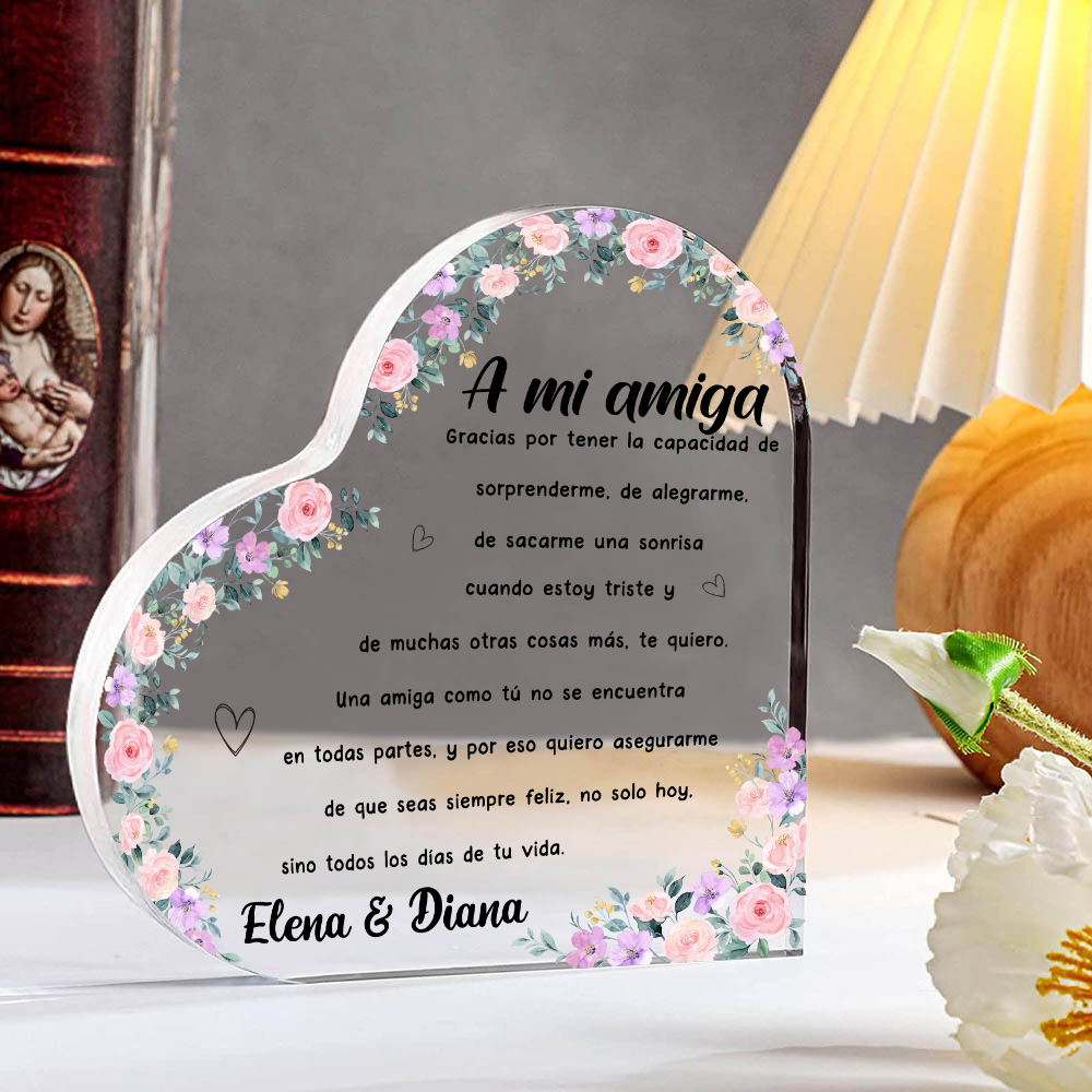 Placa de acrílico en forma de corazón para amiga con 1 texto personalizado-Jessemade ES