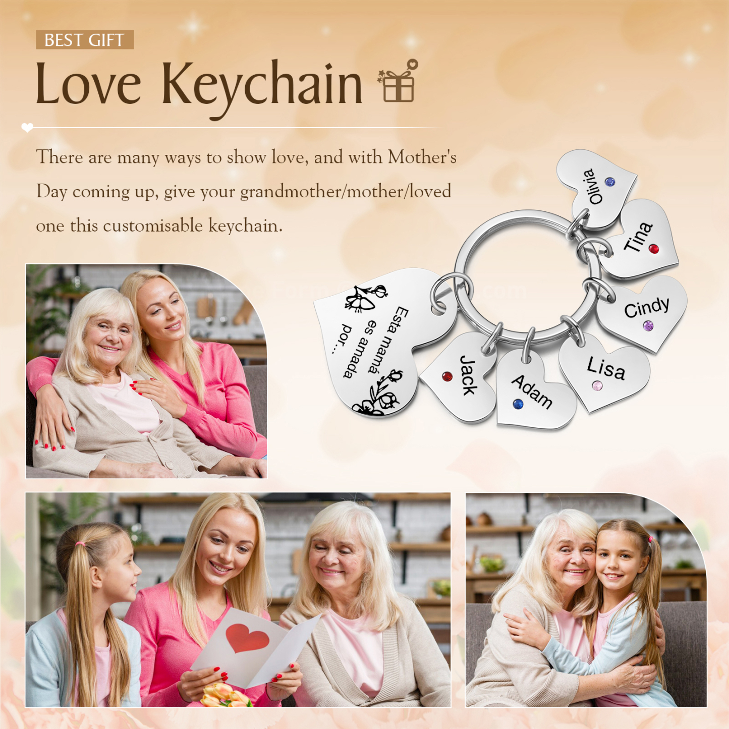 A mi mamá/abuela - Llavero con 6 nombres y piedras de nacimiento personalizados en corazones con texto-Jessemade ES