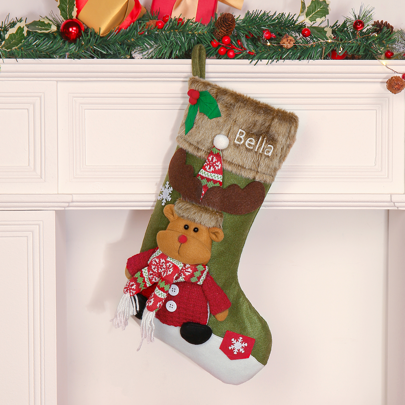 Adornos de medias navideñas con muñeco Bolsa de regalo 1 Nombre personalizado-Jessemade ES