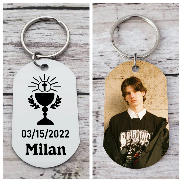 Comunión-Llavero con icono de comunión 1 foto, 1 nombre y 1 fecha personalizados-Jessemade ES