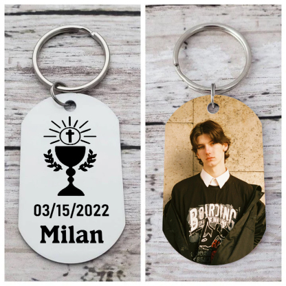 Comunión-Llavero con icono de comunión 1 foto, 1 nombre y 1 fecha personalizados-Jessemade ES