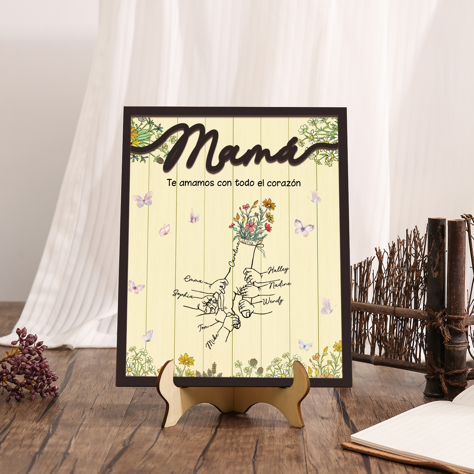 A mi mamá-Adorno 3-9 nombres personalizados decoración de madera mano con manitos-Jessemade ES