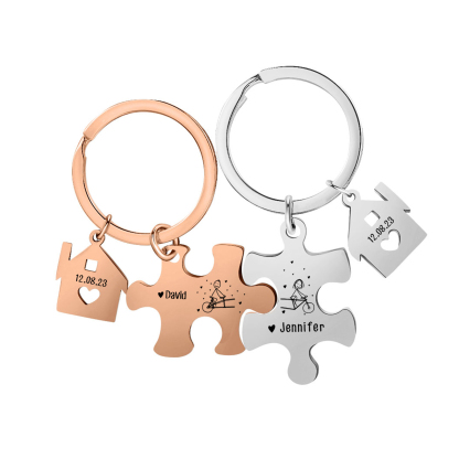 Llavero para pareja rompecabezas 2 nombres personalizados con fecha dije de casa-Jessemade ES