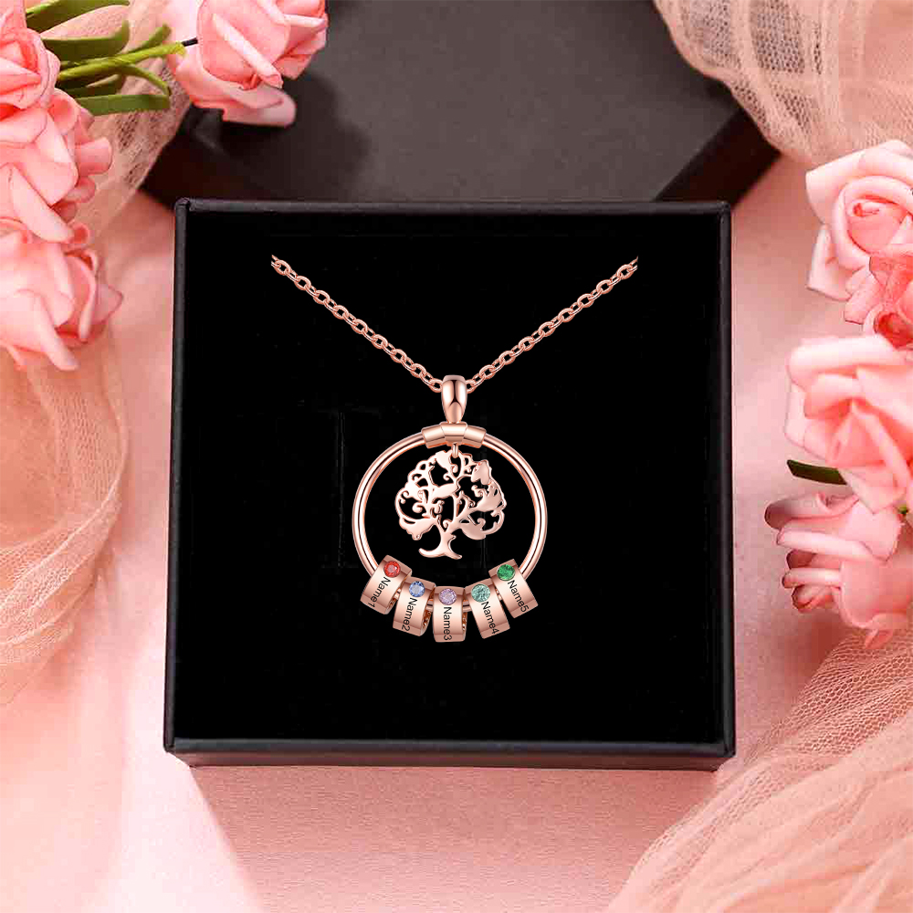 Collar con 1-5 círculos 1-5 piedras de nacimiento y nombres colgante de árbol de la vida oro rosa-Jessemade ES