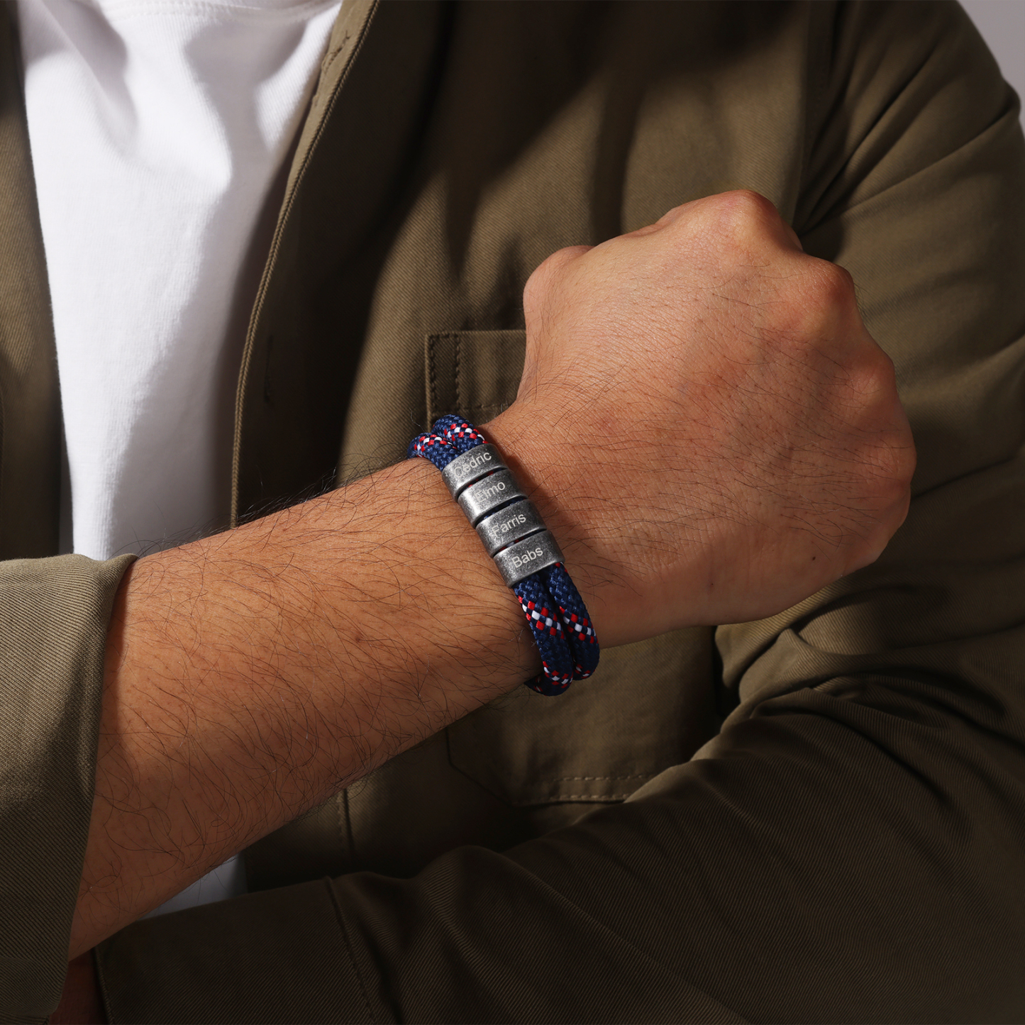 2-4 Nombres Personalizados Pulsera de Cuerda Azul Marino con Rojo y Blanco Aros de Acero Inoxidable-Jessemade ES