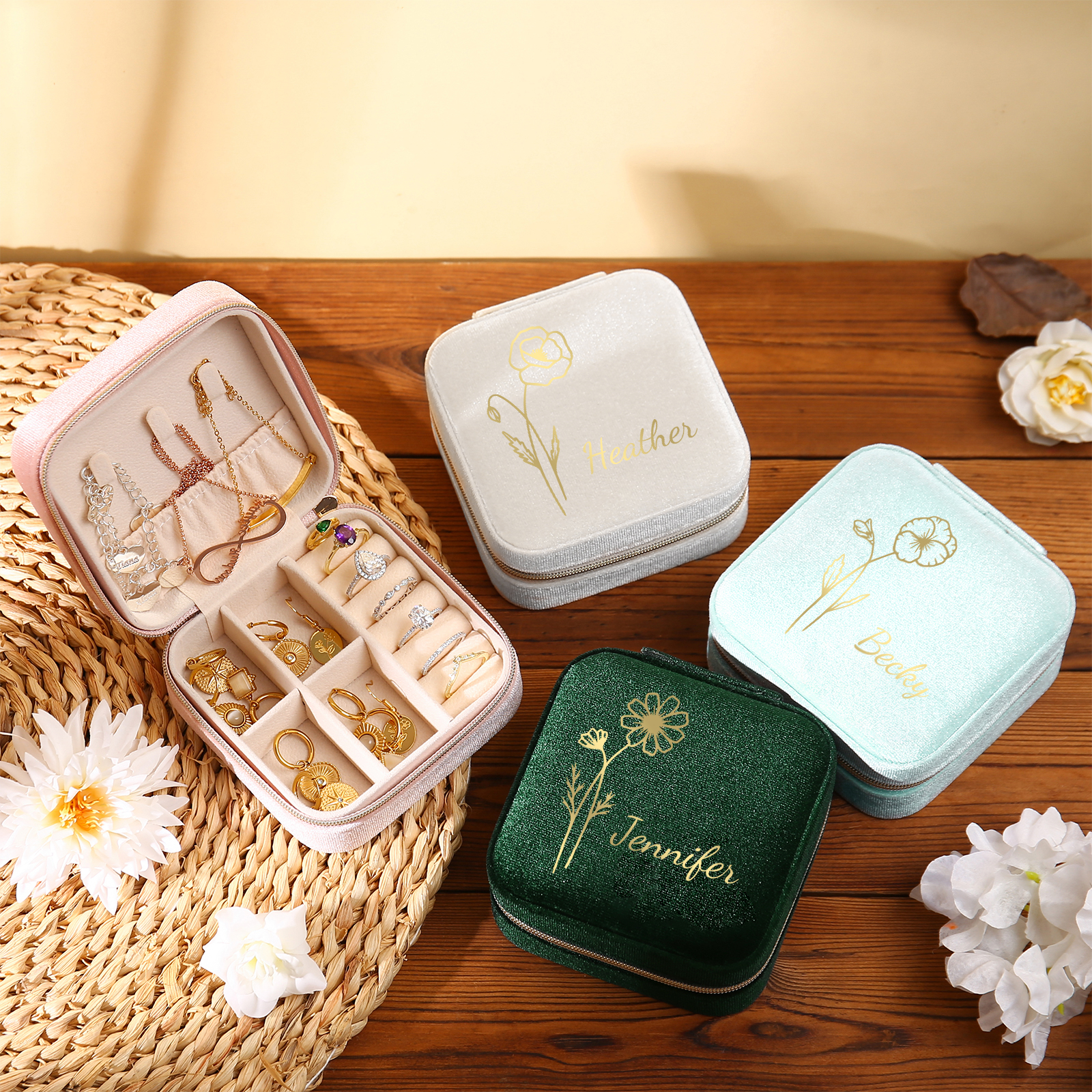 Caja de regalo para joya personalizada con nombre y flor de nacimiento-Jessemade ES