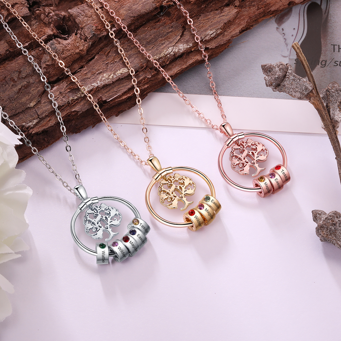 Collar con 1-5 círculos 1-5 piedras de nacimiento y nombres colgante de árbol de la vida oro-Jessemade ES