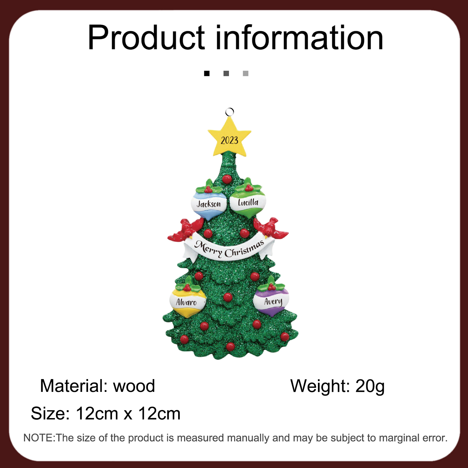 Navidad-Ornamento muñecos navideño de madera en forma de árbol 4 nombres, 1 texto y 1 año personalizados adorno del árbol-Jessemade ES