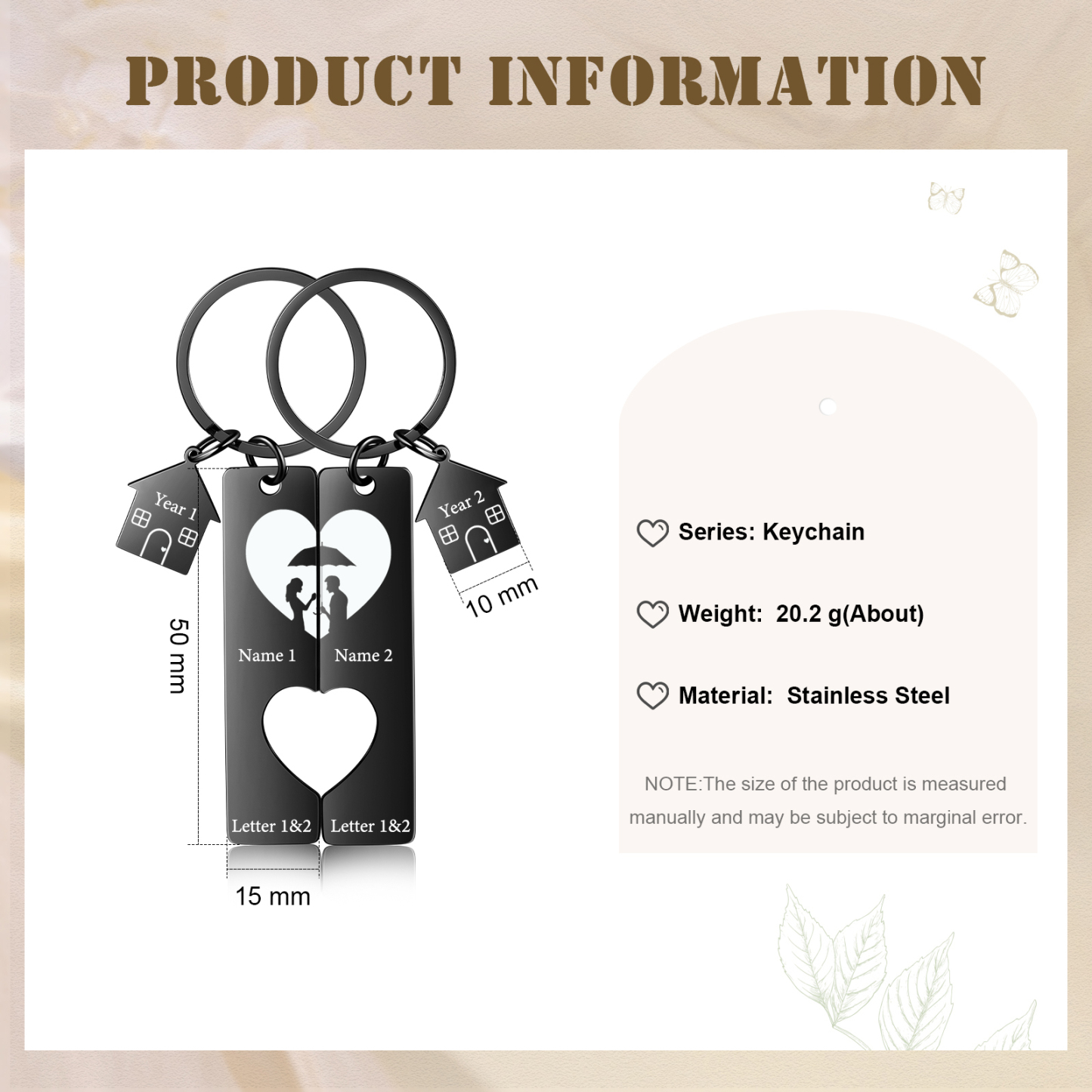Llavero para pareja sombras 2 letras, 2 nombres personalizados con año dije de casa-Jessemade ES