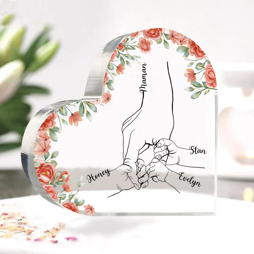 A mi mamá/abuela-Placa de acrílico en forma de corazón mano y manitas 2-6 nombres personalizados-Jessemade ES