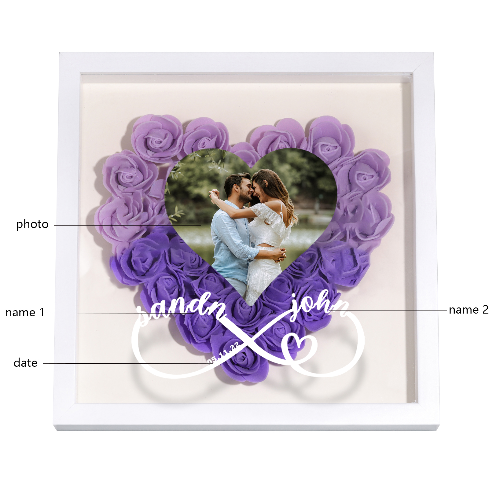 Marco con flores de madera para pareja foto, 2 nombres y fecha personalizados-Jessemade ES