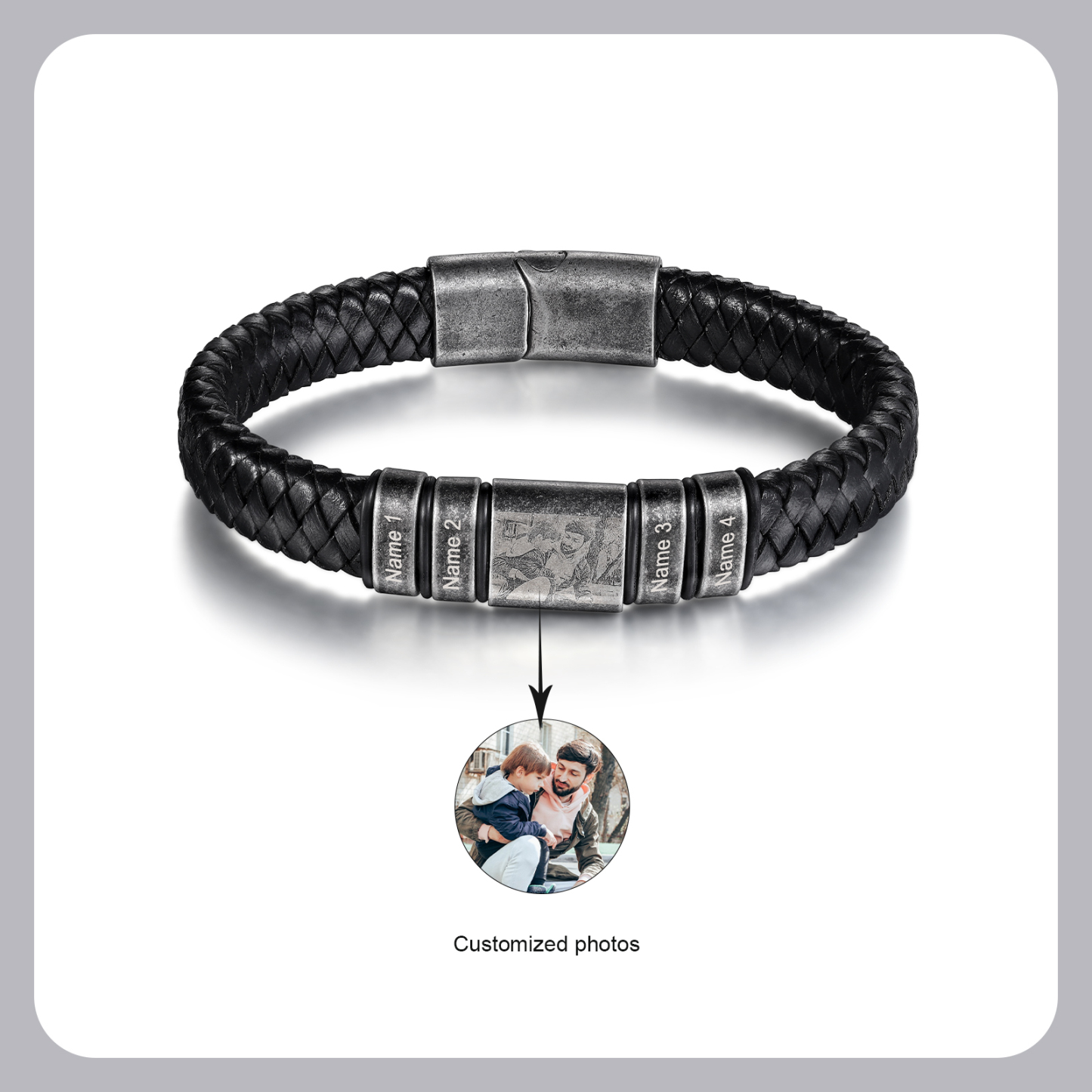 Pulsera 2-5 Nombres en Aros y Foto en Placa Personalizados de Cuero Trenzado