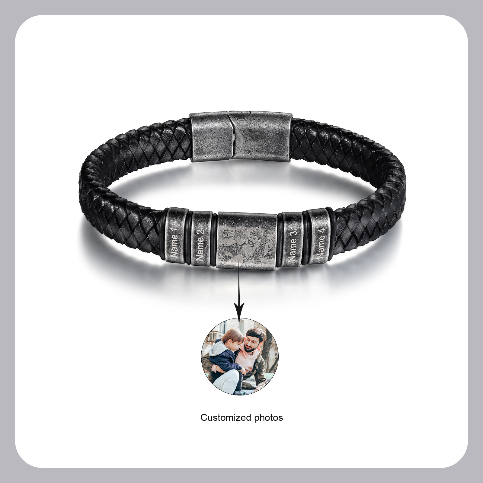 Pulsera 2-5 Nombres en Aros y Foto en Placa Personalizados de Cuero Trenzado