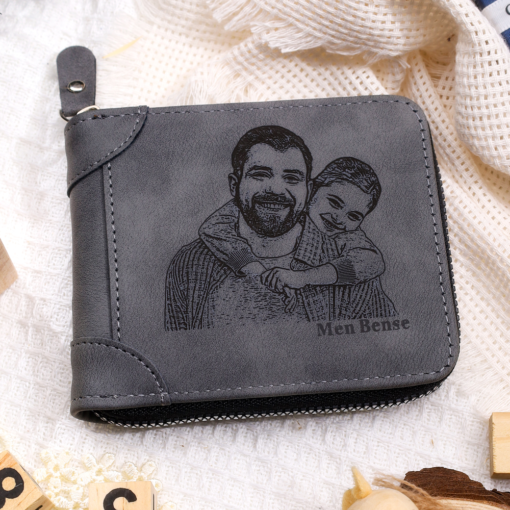 Cartera, billetera con cierre con 1 foto y 3 textos personalizados, monedero clásico para hombre