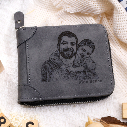 Cartera, billetera con cierre con 1 foto y 3 textos personalizados, monedero clásico para hombre