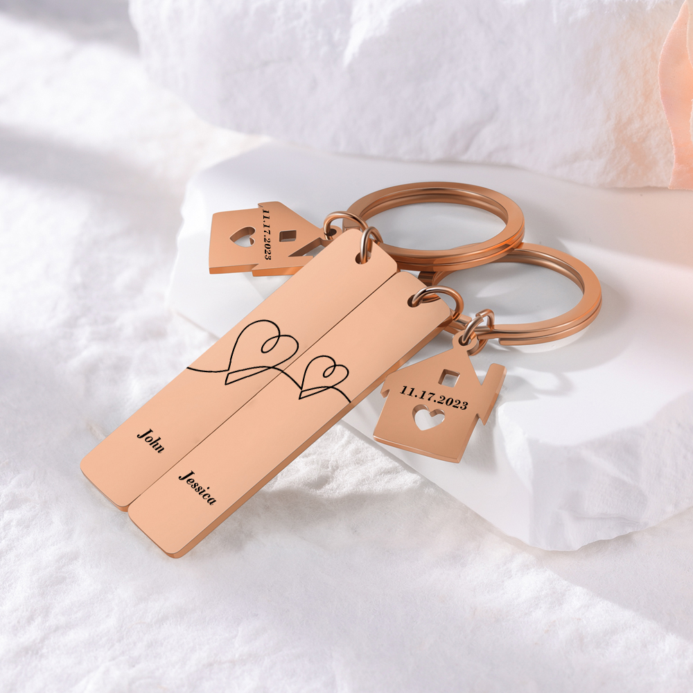 Llavero para pareja corazones conectados 2 nombres personalizados con fecha dije de casa-Jessemade ES