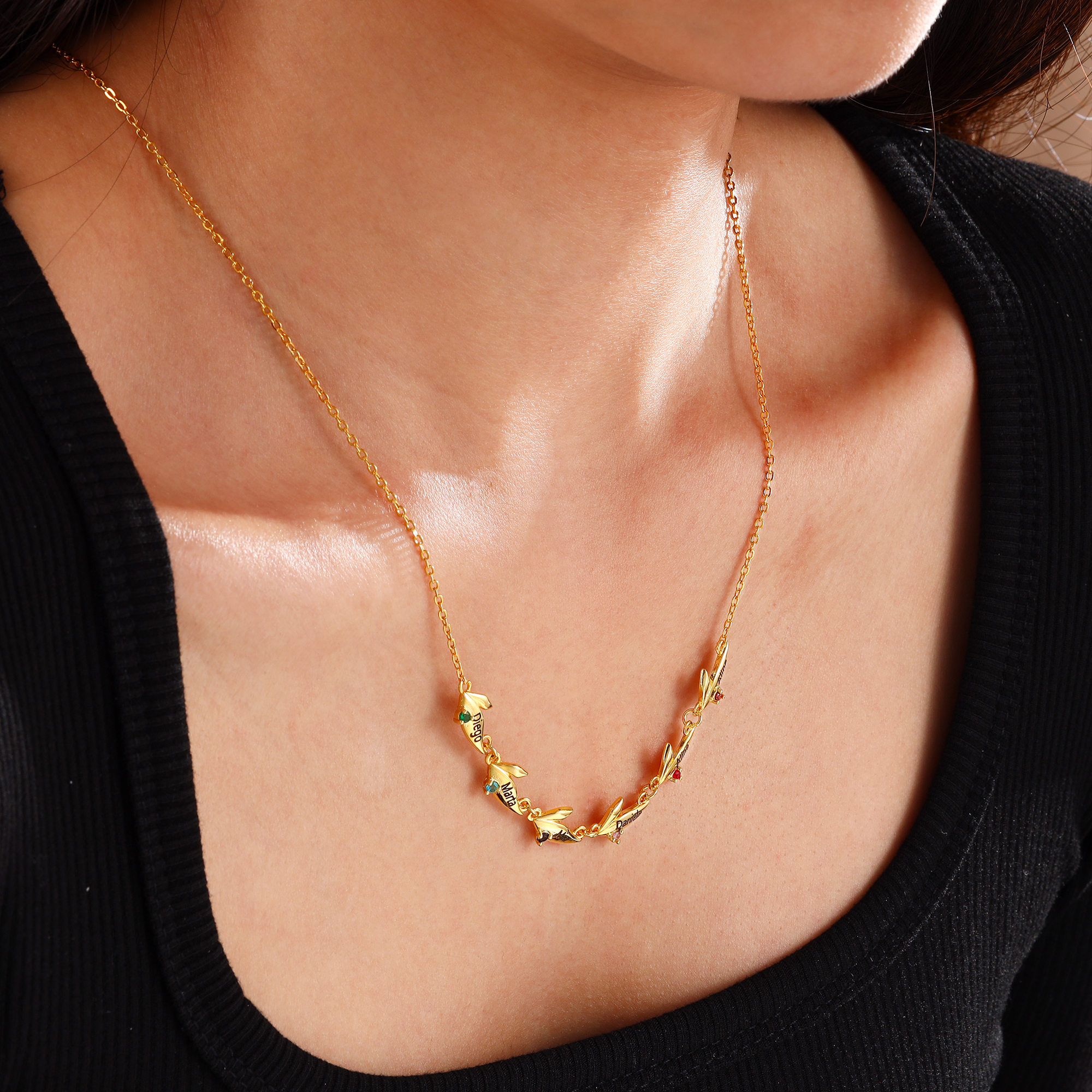 Collar con colgante de hojas con 2-6 nombres personalizados y 2-6 piedras de nacimiento-Jessemade ES