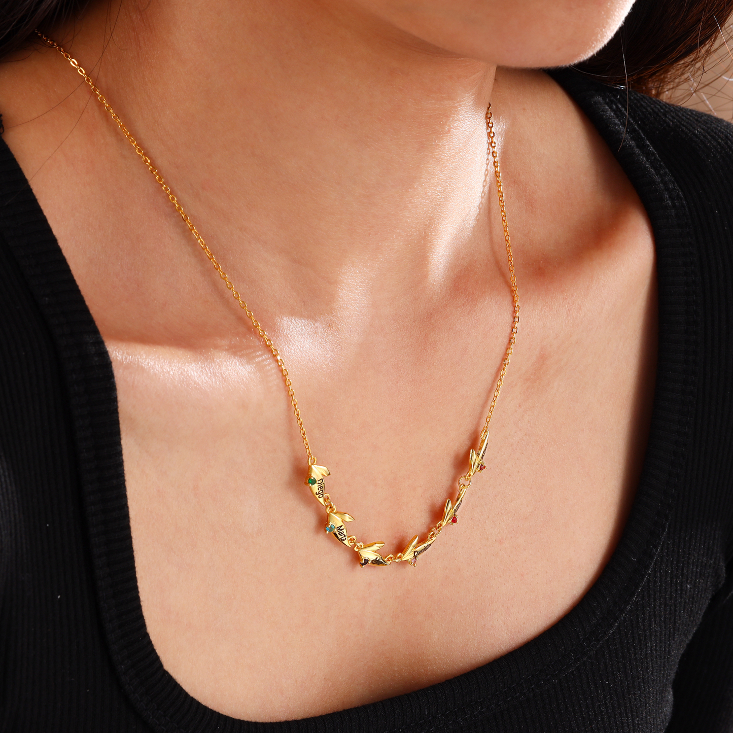 Collar con colgante de hojas con 2-6 nombres personalizados y 2-6 piedras de nacimiento-Jessemade ES
