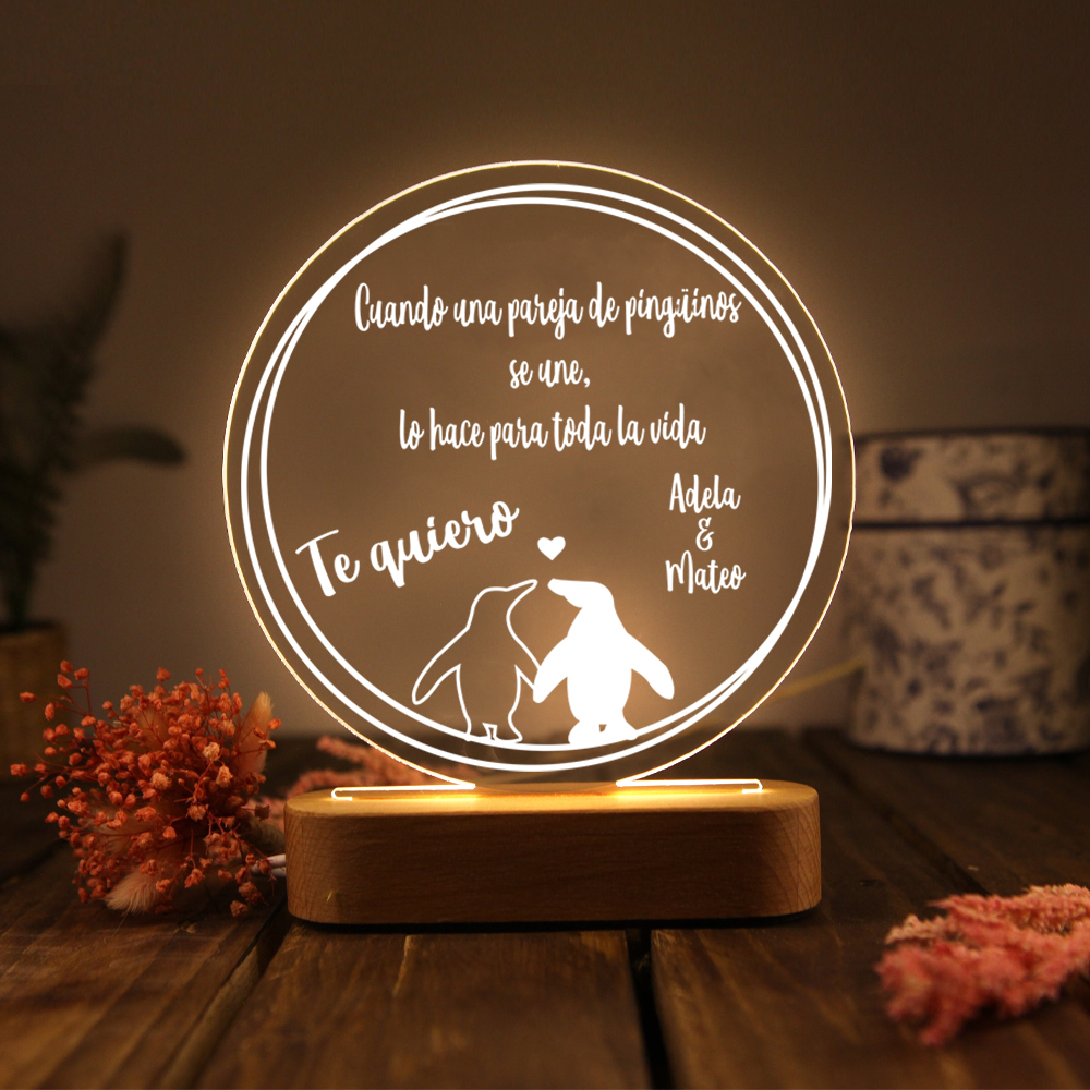 Valentín-Lámpara Ilusión 3D Luz de Noche LED Pingüinos con 2 Nombres Personalizados-Jessemade ES