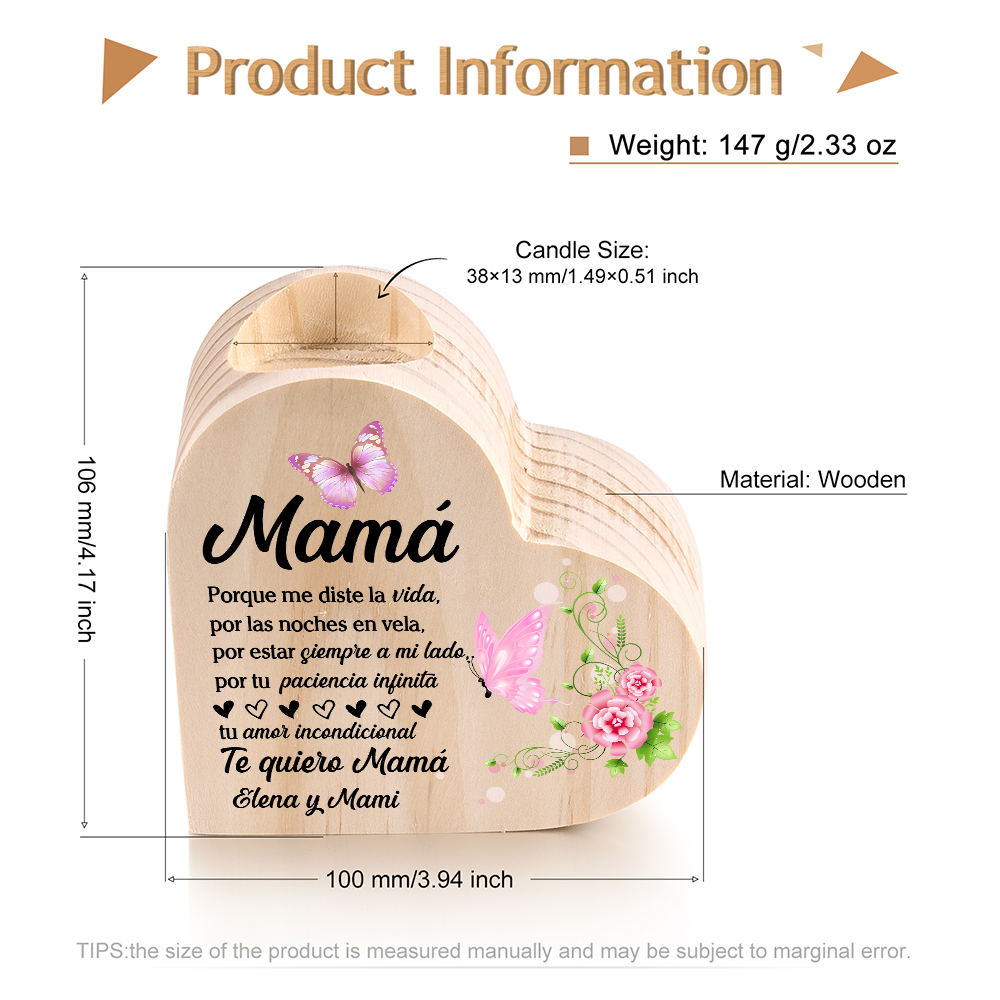 A mi mamá-Candelero con texto personalizado en forma de corazón de madera sin candela-Jessemade ES
