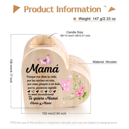 A mi mamá-Candelero con texto personalizado en forma de corazón de madera sin candela-Jessemade ES