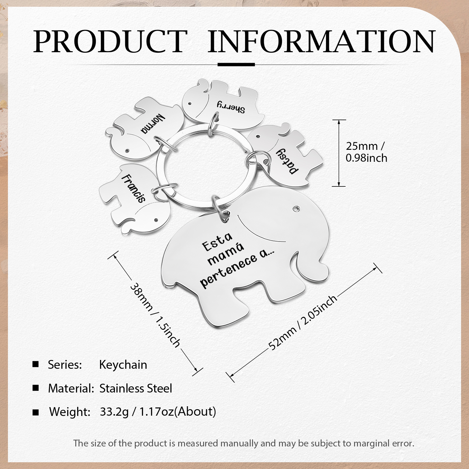 A mi mamá/abuela - Llavero con 4 nombres personalizados en elefantes con texto-Jessemade ES