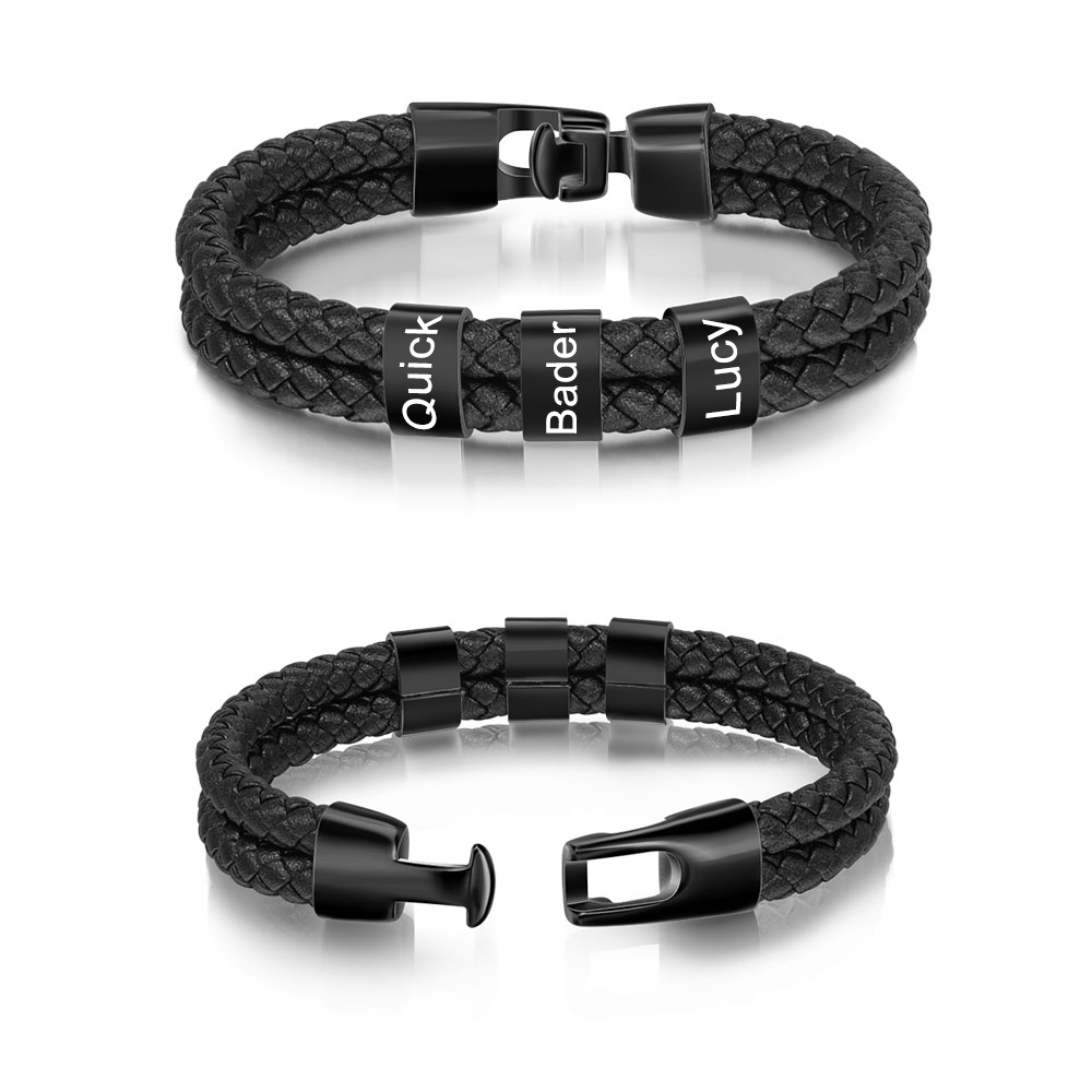 A mi papá-Pulsera de cuero trenzado 3 aros con 3 nombres personalizados pulsera de hombre-Jessemade ES